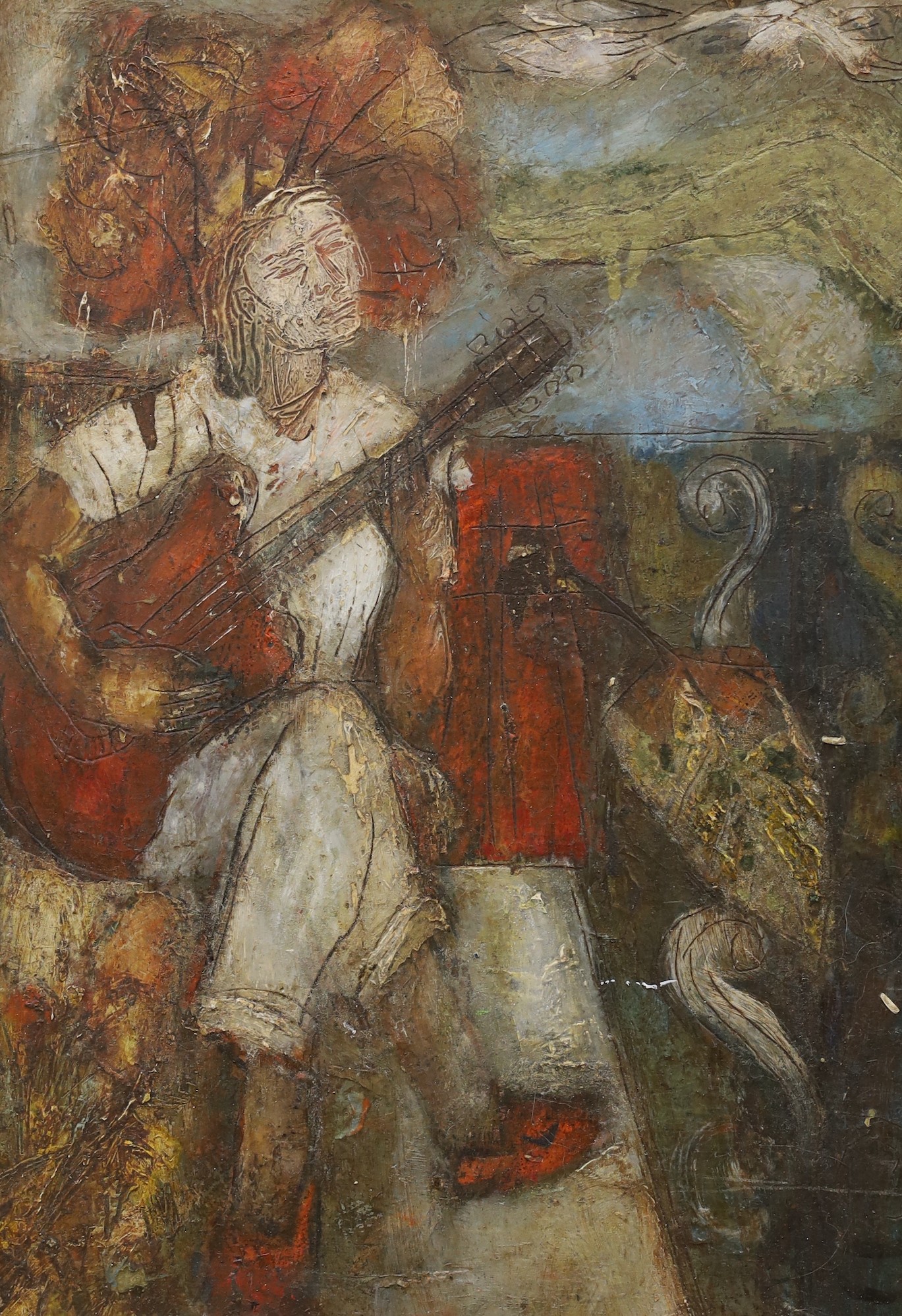 Piotr Mleczko (Polish, 1919-95), threes oil on canvas, Still life of fruit, King and attendants, and Guitarist, one signed, 29 x 39cm, 20 x 27cm and 35 x 25cm